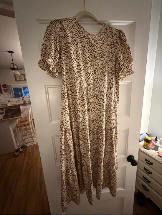 PrettyGarden Dresses & Skirts - Beige Leopard-Print Puff-Sleeve Maxi Dress
